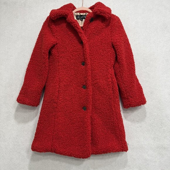 J Crew Coat Womens XSP Red Faux Fur Teddy Shearling Button Front Mid Length - Picture 1 of 12